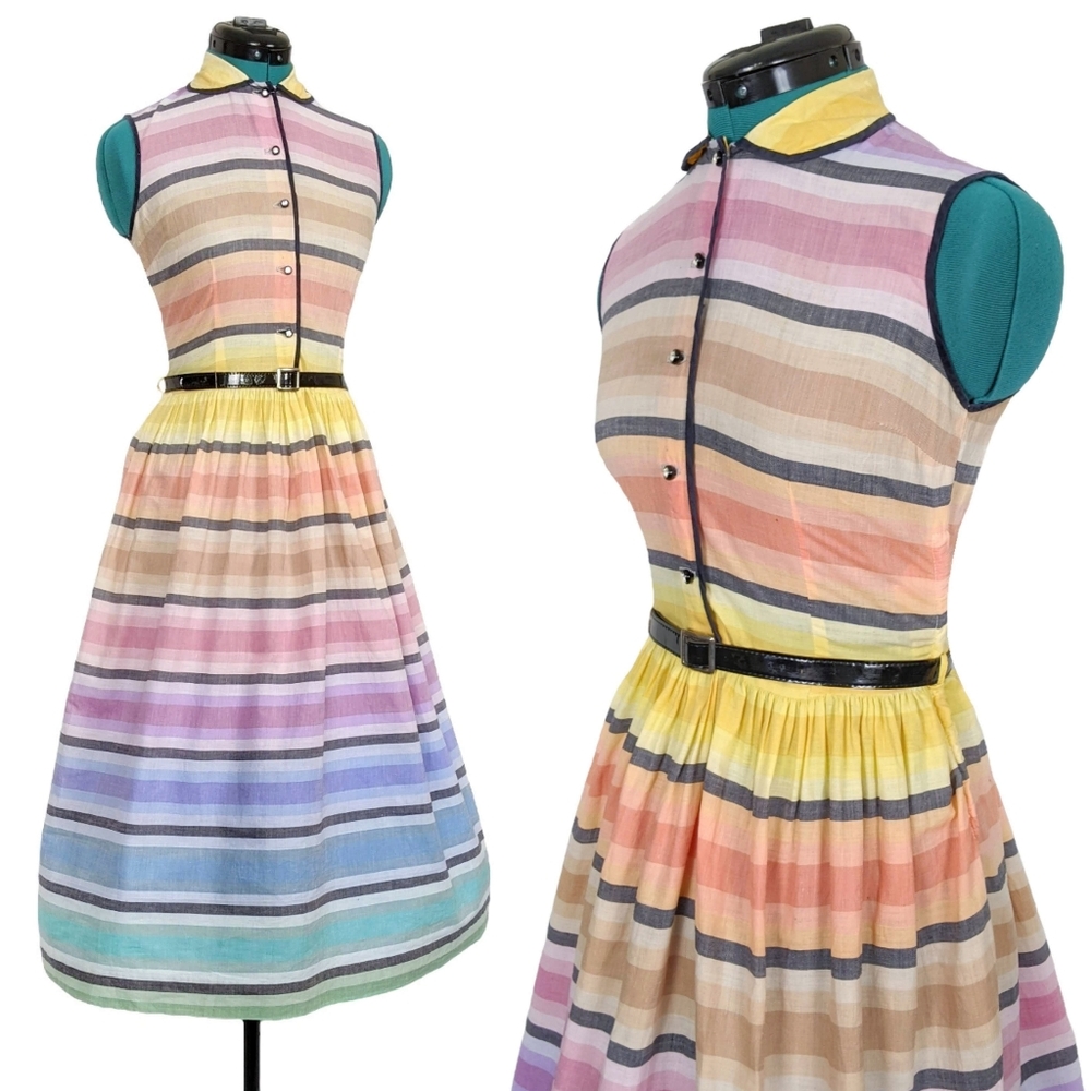 1950s Rainbow Dress 50s Vintage Fit N Flare Summer Tea Retro XS Rhinestone RARE - Picture 11 of 11
